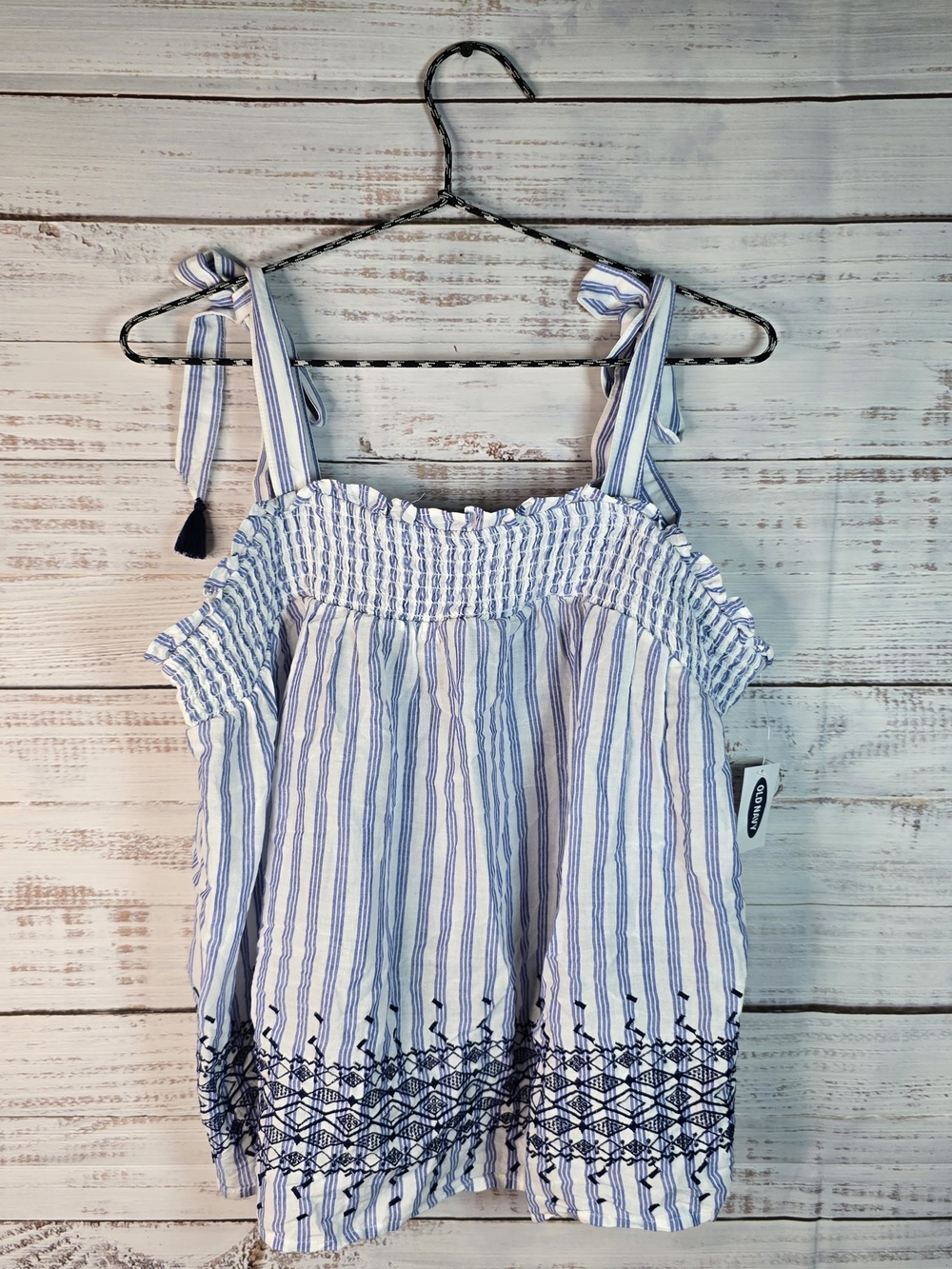 Old Navy Women’s Large Blue White Striped Cold Shoulder Embroidered Boho Top NWT